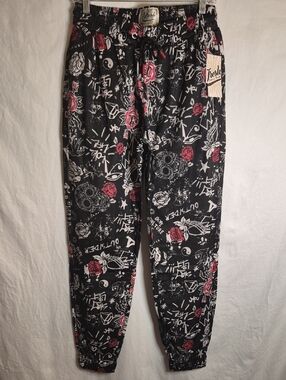 fresh Black Joggers with Red Rose & White Graffiti Print